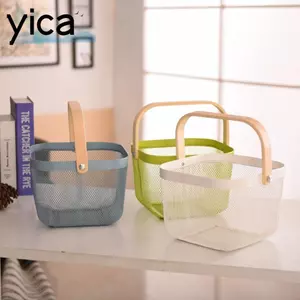 Giỏ đựng đồ YICA, Giỏ đựng trái cây bằng nước Giỏ thép lưới kim loại bằng kim loại, Giỏ thoát nước đa chức năng Tay cầm tre màu trơn Treo giỏ bếp Mua sắm