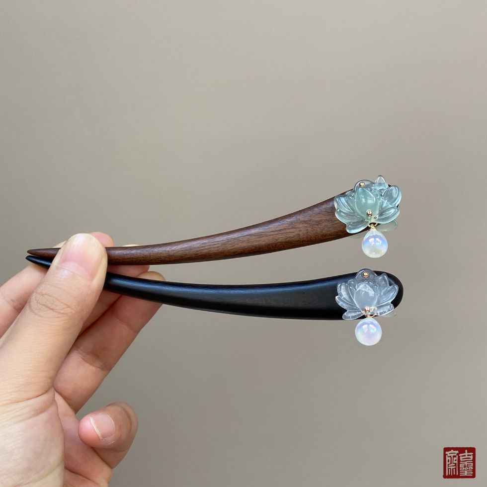 Kẹp tóc WHX-13cm {Qinghuan Hình học} Kẹp tóc Ebony Kẹp tóc ngọc trai hoa sen xanh