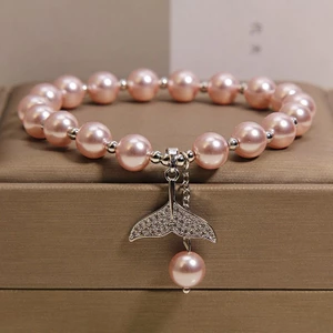 Vòng Tay Ngọc Trai Màu Hồng Nữ - CZ Nàng Tiên Cá Charm - Bạc Miếng Đệm Hạt - Người Bạn Thân Tối Giản Sang Trọng
