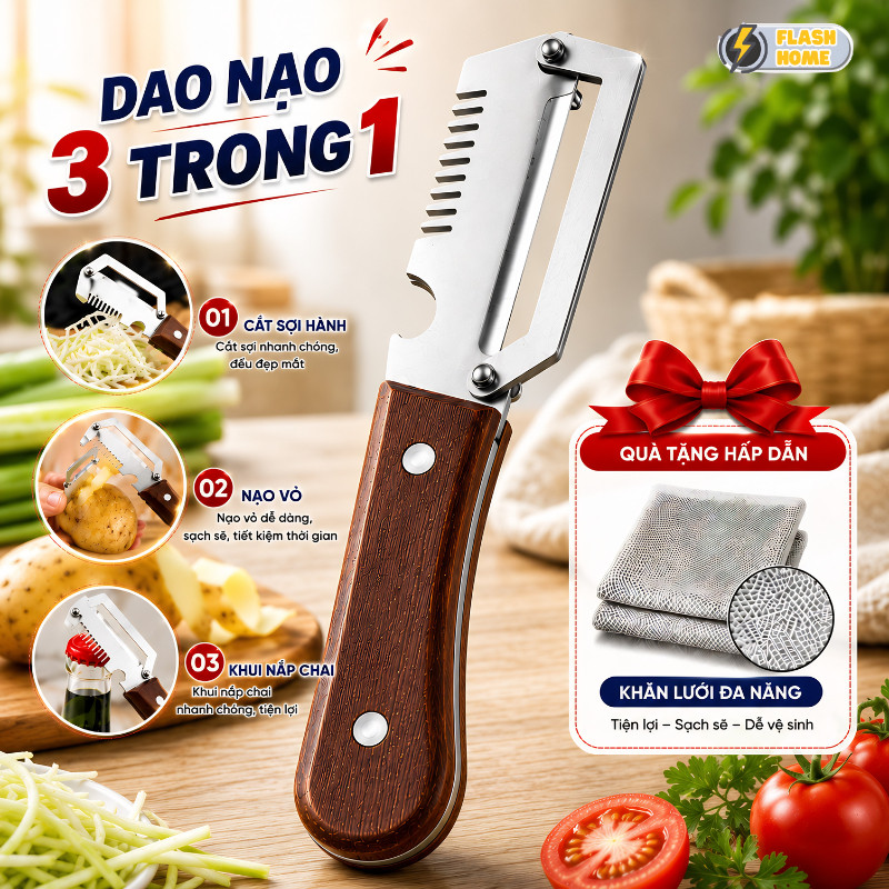 [SẴN] Dao Nạo Củ Quả 3 Trong 1 HOMEFL –  Dao Bào Sợi, Gọt Vỏ, Mở Nắp Chai Đa Năng Lưỡi Thép Không Gỉ Sắc Bén