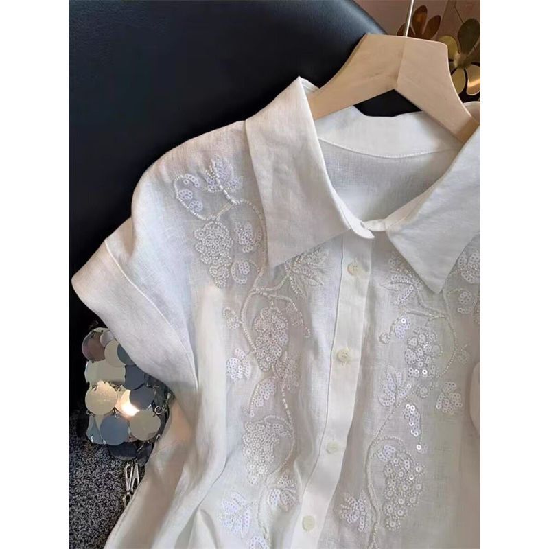 [Hàng mới về] Áo sơ mi ngắn tay thêu Sequin công nghiệp cao cấp kiểu Pháp dành cho nữ mùa hè Phong cách dịu dàng Ngọt ngào Tính khí