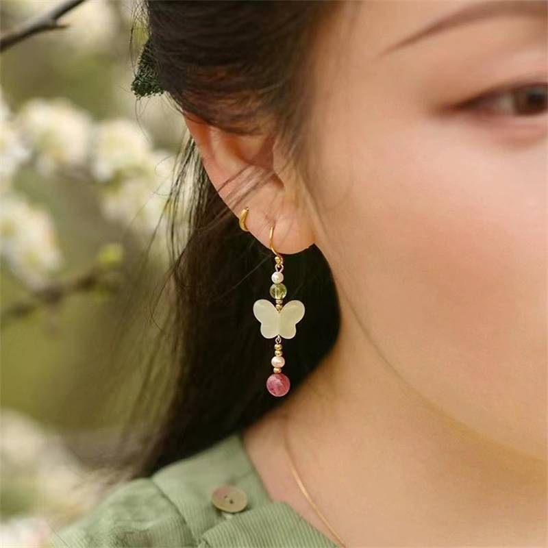 PNPIA- Phong Cách Trung Hoa Handmade Bướm Tòn Ten Bông Tai Nữ Cô Gái Màu Vàng Dài Kim Loại Móc Tai Bông Tai