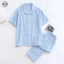 Quần ngắn tay kẻ sọc nhuộm sợi đơn giản dành cho nam Bộ đồ ngủ Cotton nguyên chất / Bộ đồ ngủ gạc đôi mùa hè / Phong cách mỏng thấm mồ hôi thoáng khí