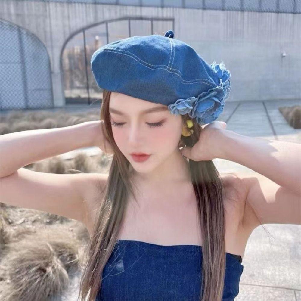 [Demo3] Mũ Họa Sĩ Cotton, Mũ Nồi Lông Tơ Camellia Hợp Thời Trang, Mũ Nồi Hoa Thường Ngày Xuân Hè Màu Denim