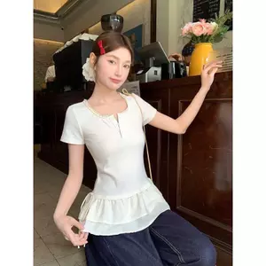 Áo thun khâu ren lá sen mỏng vừa vặn Thiết kế ngắn tay mùa hè Phong cách mới Hàn Quốc Áo ren mỏng hơn