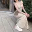 Váy bầu không khí mùa hè mùa hè kiểu Pháp cổ điển Váy dài tay cổ chữ U cổ hẹp dành cho nữ