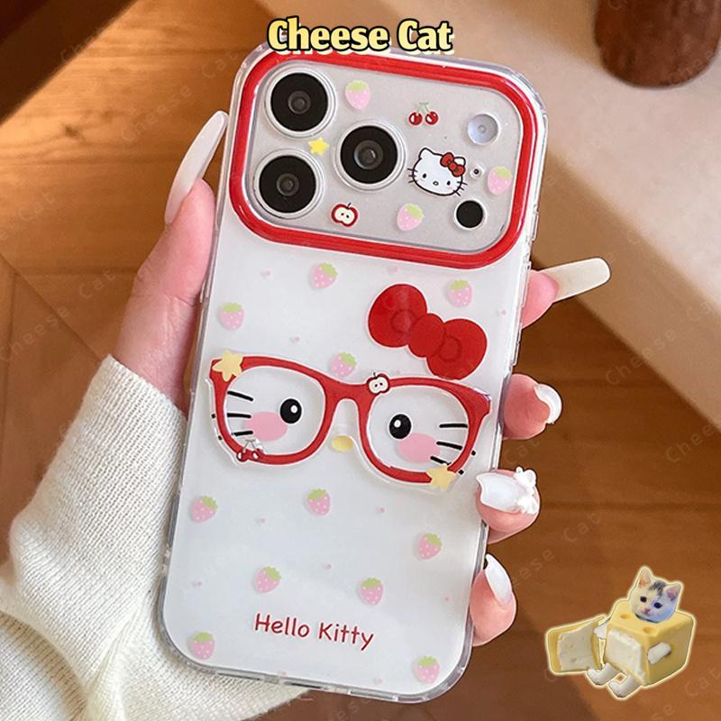 Ốp Lưng Điện Thoại Khung Kính Màu Đỏ Dâu Kitty Nhút Nhát Cho iPhone 17 Pro Max 13 12 11 15 16 Plus Xs Max XR