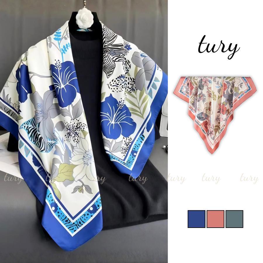 Khăn Lụa Vuông Nữ 90cm - Tury - Khăn Choàng Cổ Lụa Vuông Phối Hoa Phong Cách Mùa Hè - K9115
