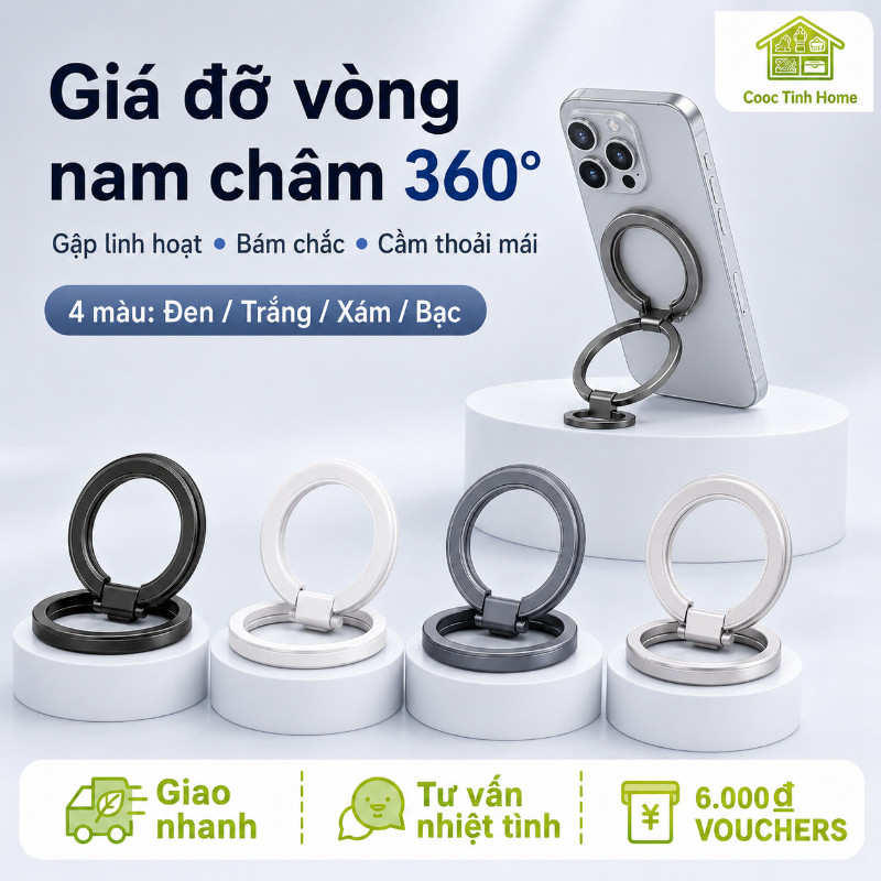 Giá Đỡ Điện Thoại 2 Trong 1 - Kết Hợp Vòng Từ Kép & Chân Gập, Tháo Rời Tiện Dụng, Tương Thích MagSafe