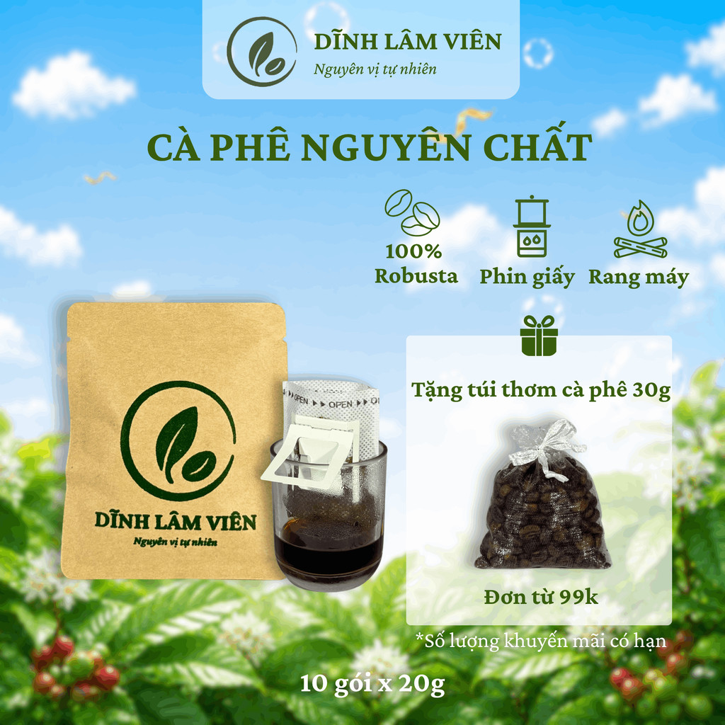 Cà phê Robusta Gia Lai phin giấy rang xay mộc nguyên chất 10 gói x 20g | Dĩnh Lâm Viên