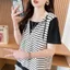 Áo thun ngắn tay sọc mùa hè thời trang mới giản dị phong cách ngắn có mũ trùm đầu phiên bản Hàn Quốc dành cho nữ