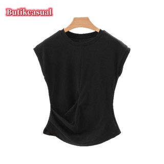 Áo thun nữ cotton không tay mỏng 2025 xuân hè thời trang mới xếp li đa năng áo thun dáng rộng áo sơ mi giản dị