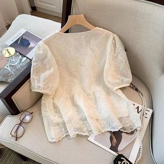 [Luni-oder] Áo Kiểu Nữ Ren Hoa Cổ Tim Tay Phồng Thêu Thủ Công Jacquard , Áo Kiểu Peplum Chiết Eo Màu Kem Thanh Lịch AK10