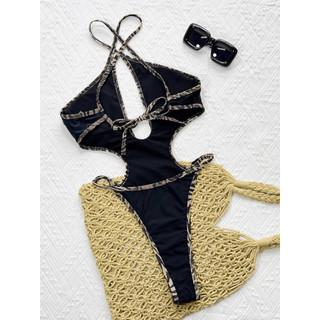 Đồ Bơi Nữ Chữ Thập Đen Dây Cổ Rỗng Cắt Cao Một Mảnh Bikini Bộ Đồ Tắm