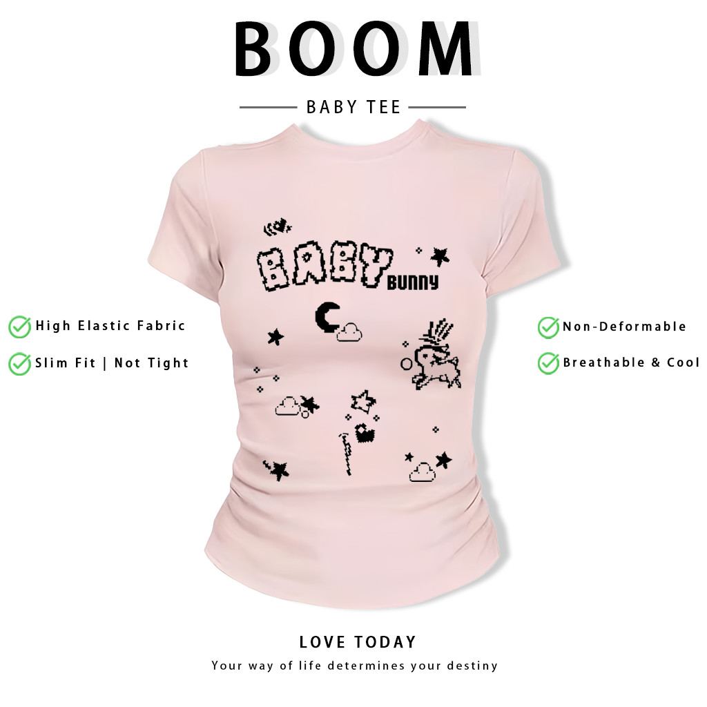BOOM Áo Baby Tee Nữ Cotton Ôm Body-Áo Thun Ngắn Tay Y2K In Hình PhongCách Mùa Hè, Cổ Tròn Hàng Đầucách hàn quốc phongV15