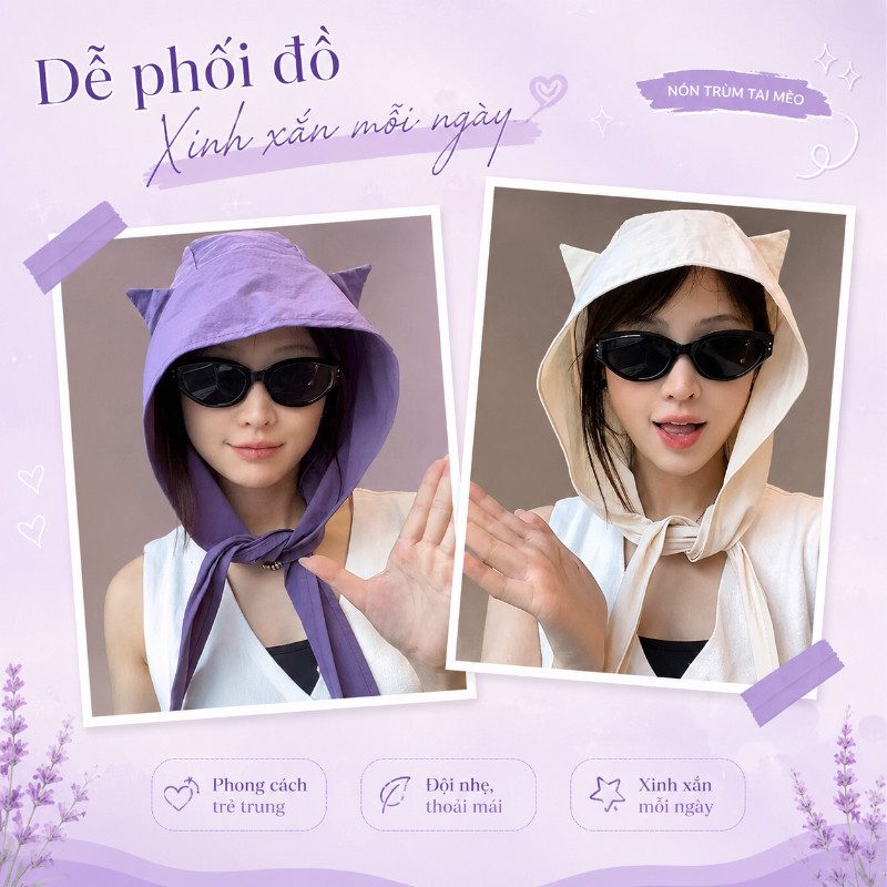 Mũ Chùm Đầu Chống Nắng Tai Mèo Dễ Thương, Mũ Trùm 3/4 Có Dây Đeo, Che Mặt Cổ Đi Chơi Du Lịch Đa Năng
