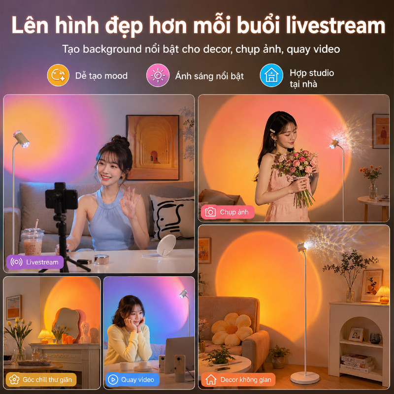 Đèn Sóng Nước Hoàng Hôn 2in1 Có Điều Khiển, Ánh Sáng Lãng Mạn Trang Trí Phòng Ngủ, Phòng Khách Và Làm Nền Livestream