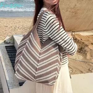 Túi dệt kim rỗng FUJIZOU, Túi đeo vai Bohemian Beach Starw Bag, Túi xách sọc hợp thời trang Túi dệt công suất lớn ngoài trời