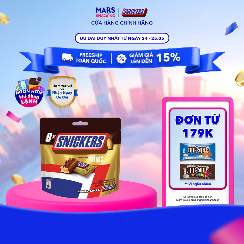 Túi kẹo Sôcôla nhân đậu phộng Snickers MINIs 80g (8 thanh x 10g ...