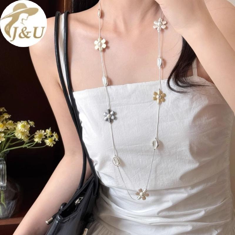 JU Sliver Màu Rỗng Ngôi Sao Năm Cánh Dài Hai Lớp Nelace Dành Cho Nữ Tính Khí Cá Tính Dây Chuyền Áo Len VN