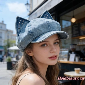 Nữ Trang Trí Tai Mèo Mũ Nồi Denim Mùa Xuân Mùa Hè Vintage Mũ Newsboy Dễ Thương