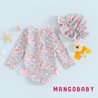MG-Baby Girl Rash Guard Đồ bơi dài tay in hoa Bộ đồ tắm cho trẻ sơ sinh Đồ bơi có mũ chống nắng nơ