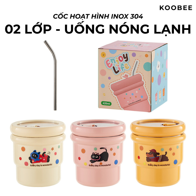 Cốc Uống Nước Inox 304 420ml KOOBEE - Ly 2 Lớp Kèm Ống Hút, Nắp Chống Tràn, Dùng Văn Phòng, Cho Bé| 390