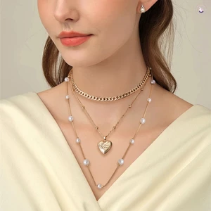 Vòng cổ hợp kim lớp ngọc trai hình trái tim cho nữ