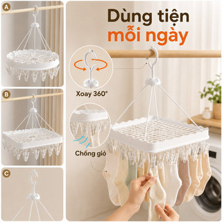 Móc phơi đồ 26 kẹp nhựa PP dày, khóa chống gió xoay 360°, dùng cho tất/đồ lót/khăn/quần áo nhỏ