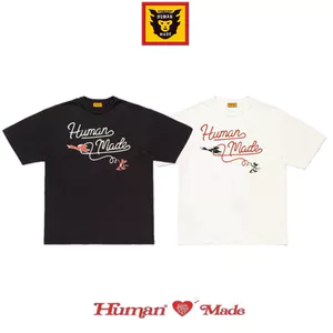 Hàng sẵn có Vintage Series HU MAN denim ngỗng in chữ ngắn tay mềm mại cổ tròn cao cấp Áo thun Unisex Bán chạy