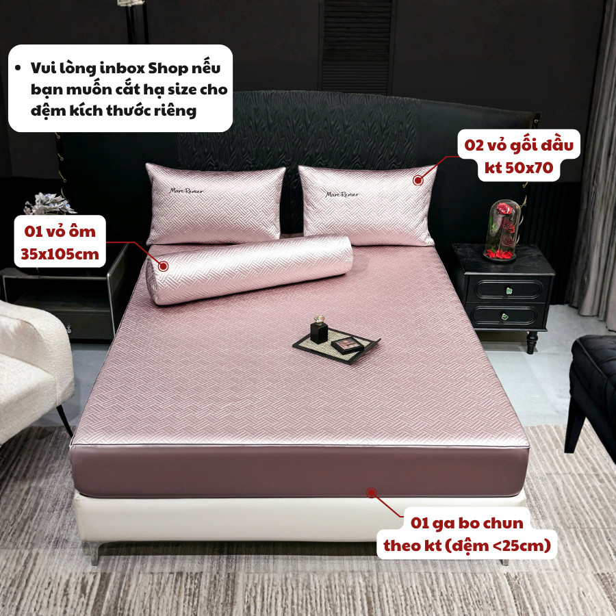 (GG2651) Bộ Ga Gối Lụa Thiên Tơ 4 món đệm 25cm Mềm Mại Mát Lạnh Như Băng Chống Nhăn Memminbedding Luxury
