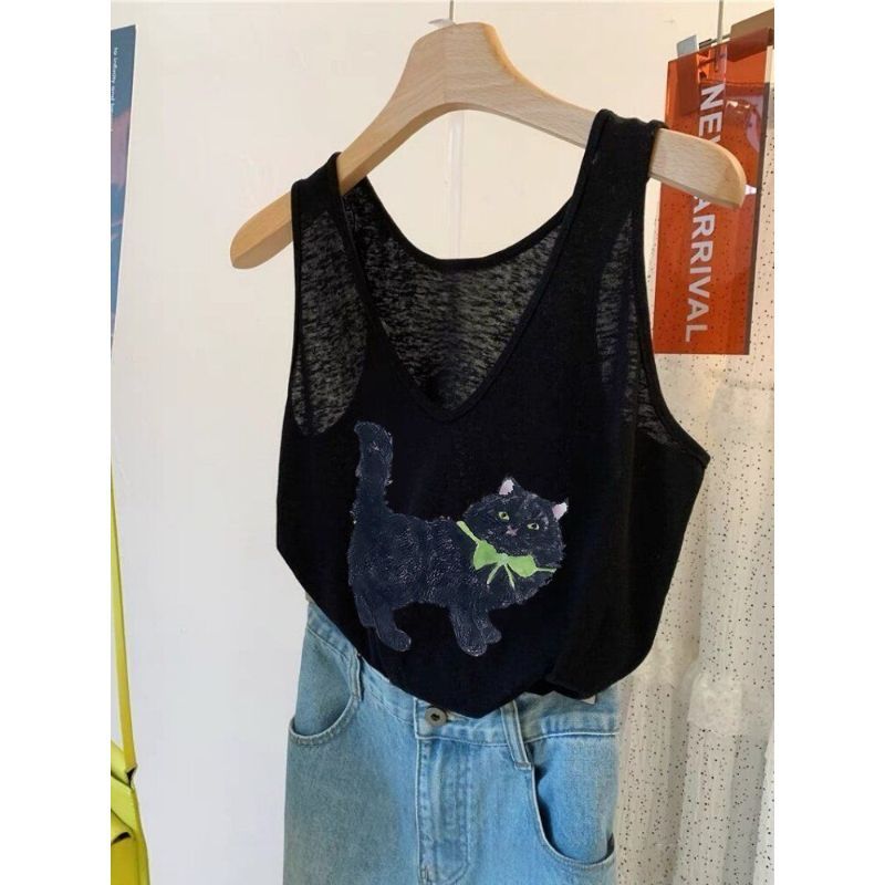 [Khuyến mãi trong thời gian có hạn] Áo yếm cổ chữ V Cotton hoạt hình cỡ lớn dành cho nữ mùa hè không tay thường ngày
