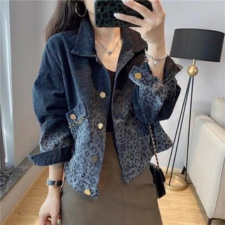 Áo khoác denim họa tiết da báo cổ điển màu đen cho nữ, áo khoác ngắn thời trang trẻ trung mùa hè