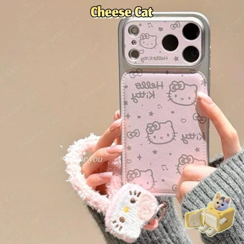 Ốp điện thoại dây nhung + da Kitty màu hồng cho iPhone 17 Pro Max lớp nền cho iPhone 16 15 14 13 12 11 XR Xs