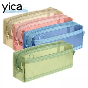 Bút chì YICA, Túi đựng bút trong suốt dung tích lớn, Túi văn phòng phẩm hai lớp lưới chất lượng cao trở lại trường học