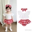 Bé Gái Đặt Vai Rỗng Ra Top + Quần Short Tam Giác In Kẻ Sọc + Băng Đô Quấn Tóc Nơ