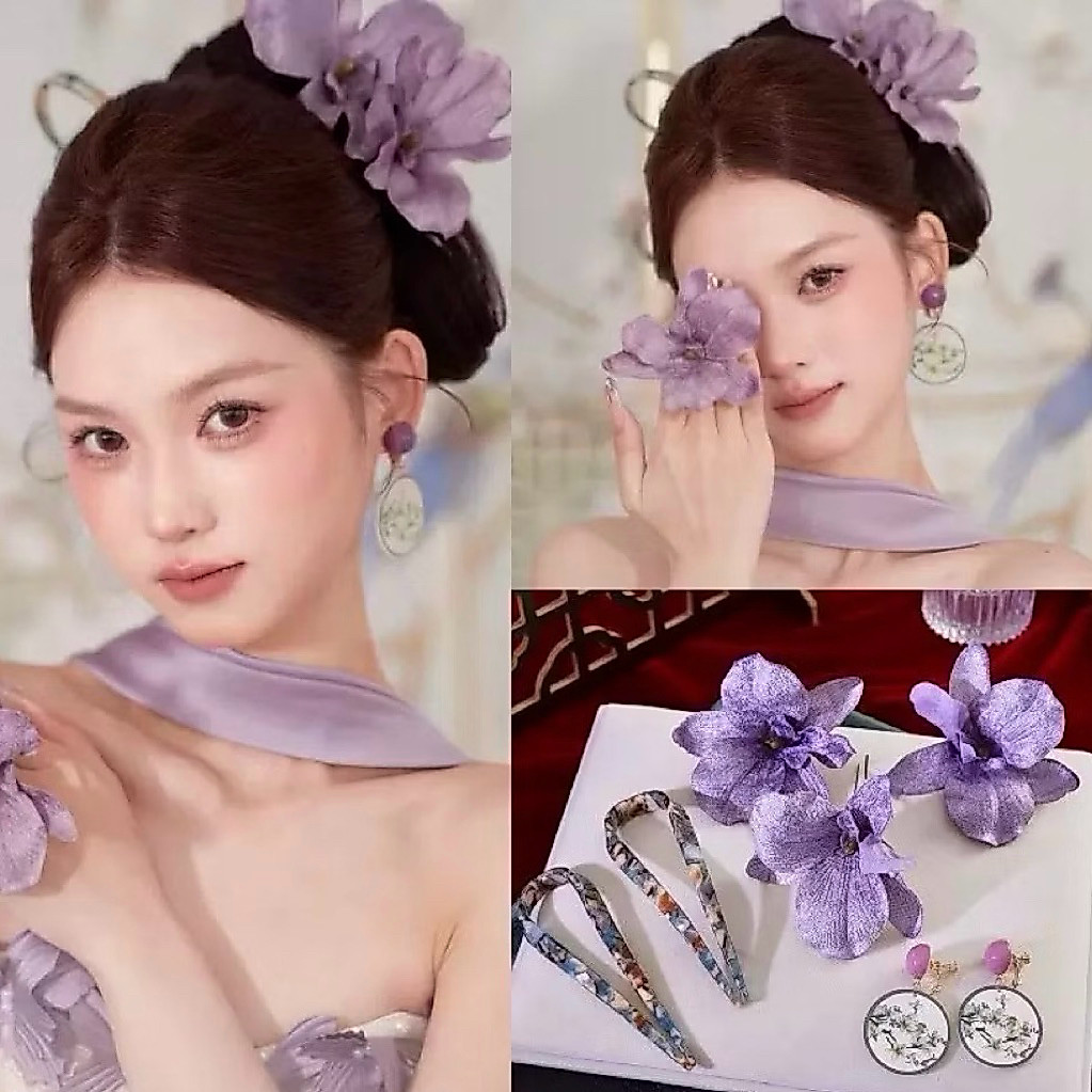 HOẢ TỐC Bộ 3 Kẹp Cài Tóc Hoa Tím Hoa Vải Mặc Áo dài, Chụp Hình, Cô Dâu Du lịch