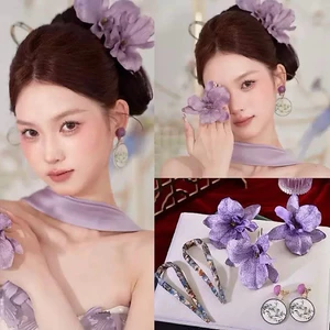 HOẢ TỐC Bộ 3 Kẹp Cài Tóc Hoa Tím Hoa Vải Mặc Áo dài, Chụp Hình, Cô Dâu Du lịch