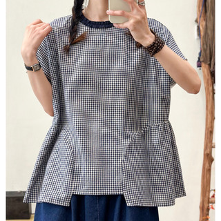 [Sẵn] Áo sơ mi nữ cổ ren cổ điển, caro, dáng rộng tay ngắn, vải cotton linen cao cấp