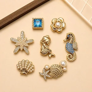 Set Charm Đại Dương Hoàng Kim Đính Đá Cao Cấp Charm Cá Ngựa Nàng Tiên Cá Ngọc Trai Vỏ Sò Sao Biển Luxury
