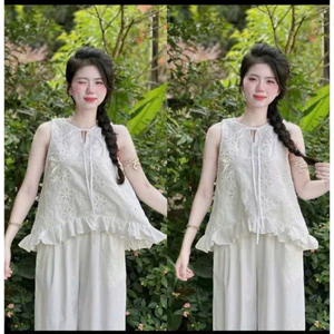 Set Bộ Nữ Thiết Kế Áo Thô Phối HOA Thêu Cột Nơ FREESIZE DƯỚI 55KG PHÙ HỢP THỜI TRANG HIYU 66 STORE