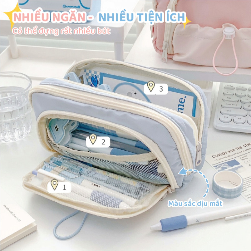 Túi Bút Vải Basic Nhiều Ngăn Dung Tích Lớn – Hộp Bút Học Sinh Đựng Thước 20cm, Máy Tính, Dây Rút Dễ Thương