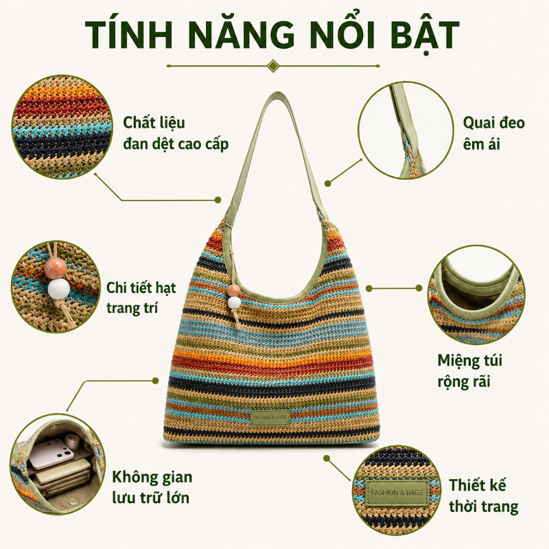 Túi Cói Đan Hè Thời Trang Nữ Túi Xách Túi Đeo Chéo,Màu Tương Phản,Sọc Lớn,Dung Tích Lớn,Đi Biển