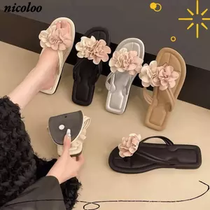 Dép xỏ ngón nữ NICOLOO, Dép đế phẳng ngọt ngào trang trí hoa, Dép đi biển mùa hè phong cách chống trượt đa năng thời trang Trang phục hàng ngày