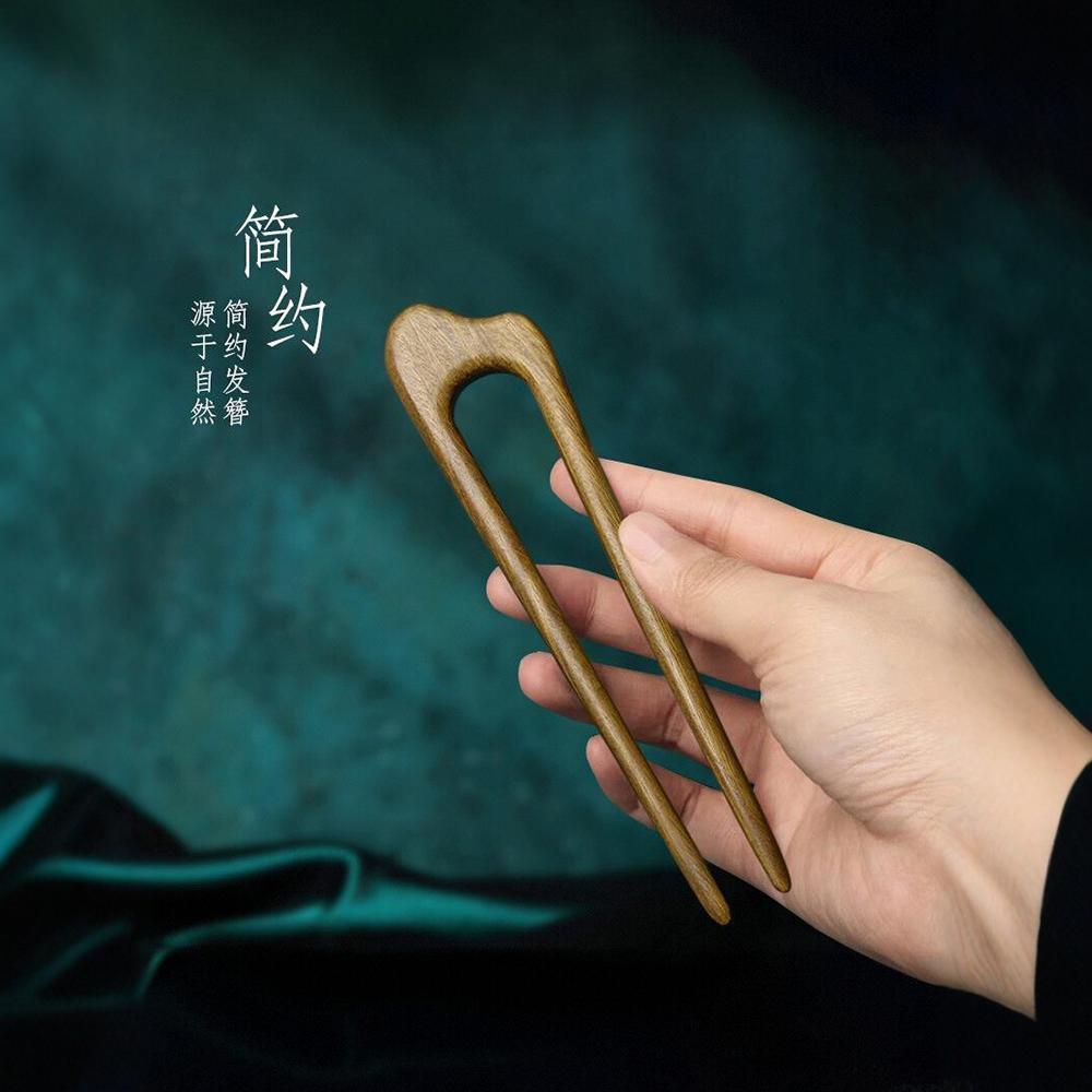 WHX Kẹp tóc gỗ đàn hương xanh hình chữ U 15cm phong cách Trung Hoa cổ điển, kẹp tóc nữ đơn giản