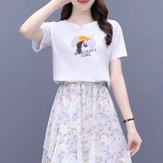 Đầm voan tươi tắn và thanh lịch dành cho nữ, phong cách mùa hè mới, ngọt ngào và sang trọng, bộ hai mảnh in hoa tôn dáng