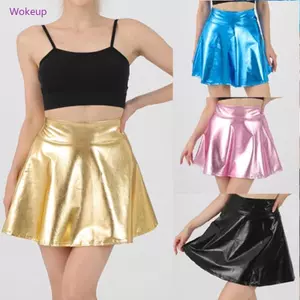 Woke Phụ Nữ Lấp Lánh Kim Loại Nhìn Ướt Xếp Ly Váy Mini Shining loe Xếp Ly Một Dòng Trượt Ván Váy Ngắn Raves Đảng O