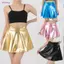 Woke Phụ Nữ Lấp Lánh Kim Loại Nhìn Ướt Xếp Ly Váy Mini Shining loe Xếp Ly Một Dòng Trượt Ván Váy Ngắn Raves Đảng O