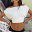 MAPLEPOET-Áo Crop top nữ màu trơn lệch vai cổ thuyền co thắt lưng