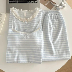 Bộ đồ ngồi ba mảnh VN, Phong cách Nhật Bản ngọt ngào, có miếng đệm ngực, Chất liệu Cotton đám mây, sọc xanh